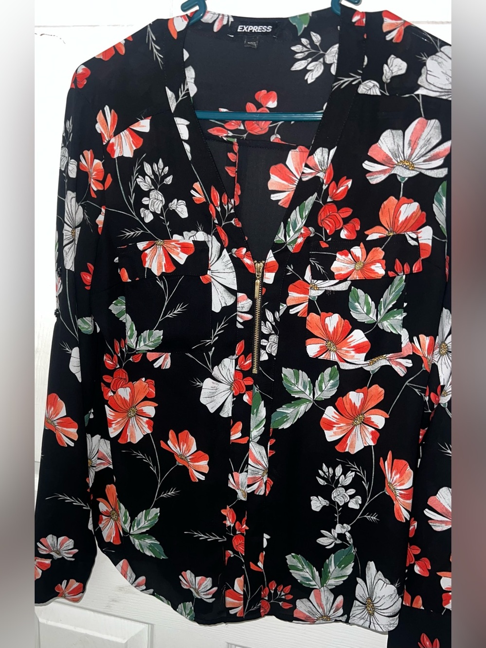 Express Black Floral gold Zip-Front Blouse with Red & White Flowers size s